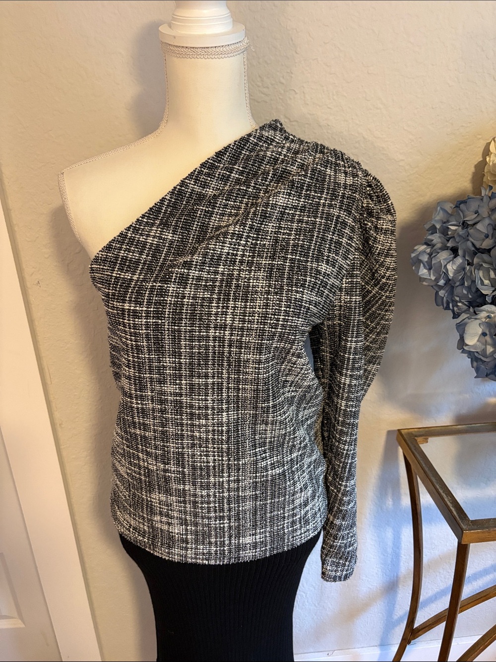 Express One-Shoulder Black & White Tweed Knit Top